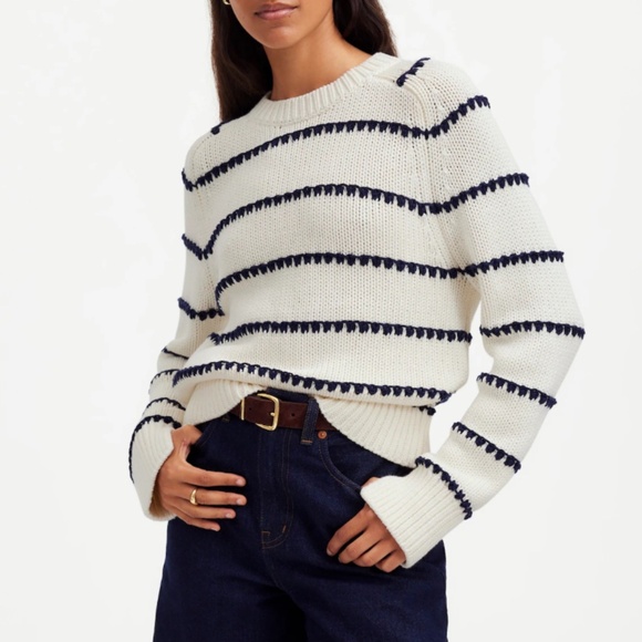 Madewell Sweaters - NWT Madewell Stripe Ivory / Navy  Blue Textured Cotton Crewneck Sweater SZ XS